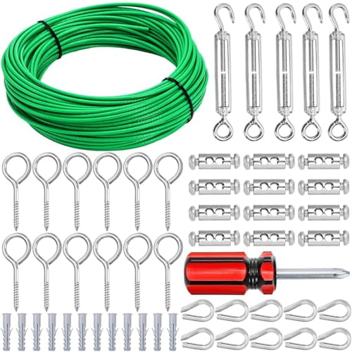 100FT Cable Wire Turnbuckle Kit, 1/8" Green PVC Coated Wire Rope M5 Turnbuckle Tensioner Kit, Stainless Steel Outdoor Hanging Cable for Grape Vine, Clothes Line, Garden
