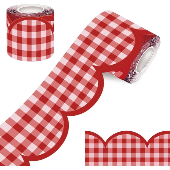 100FT Checkered Bulletin Board Border-Scalloped Checkerboard Decorative Roll for Walls, Desks, Windows, Doors, Lockers, Schools, Classrooms, Homeschool & Offices(Red)