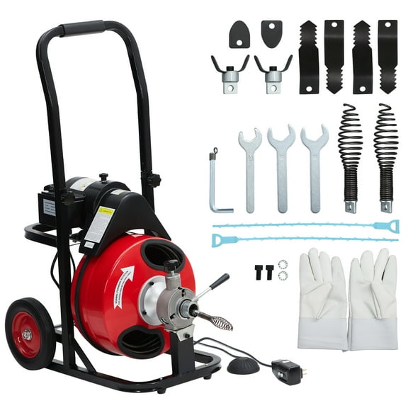 100FT Compact Sewer Snake Machine, 1/2 Inch Steel-Core Cable & 370W Drain Cleaner, w/8 Cutters + Foot Pedal + Wheels for Sink/Toilet Pipes