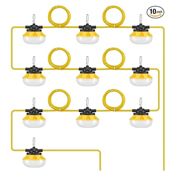 100FT Construction String Lights, 100W 10000LM, 10PCs String Work Light, 5000K, IP65 Waterproof, with Hanging , for Construction Site, Temporary Lighting Indoor & Outdoor, ETL Listed