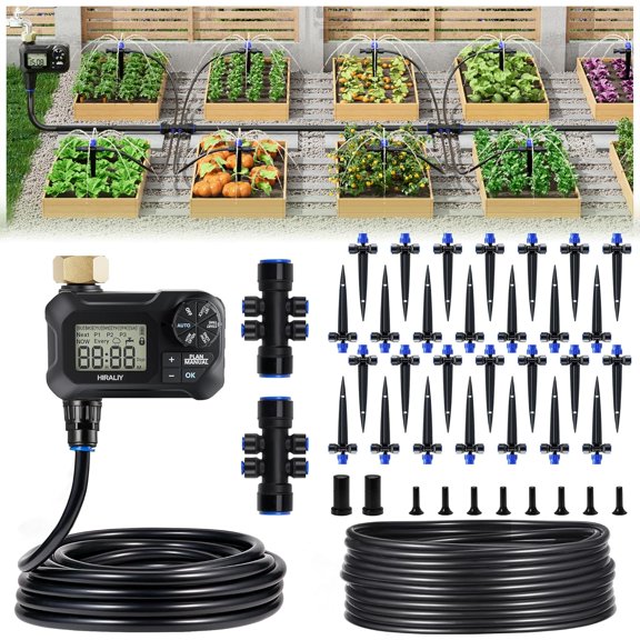 100FT Drip Irrigation Kit with Timer, Quick-Connect Garden Watering System with 80FT 1/4" Tubing, 20FT Main Hose, 24 Adjustable Drippers for Raised Beds, Lawn & Greenhouse