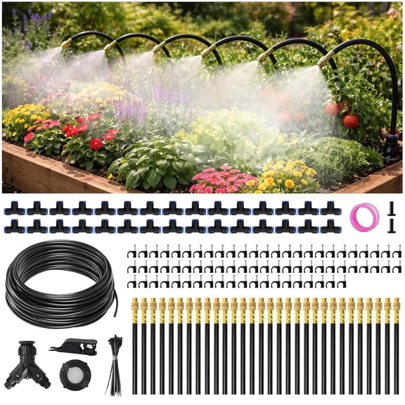 100FT Drip Irrigation System Kit Dual-Zone Garden Atomizing Watering with 30 Copper 360 Adjustable Bendable Nozzles,Y-Splitter, Leak-Proof 1/4" Misting for Greenhouse Raised Beds