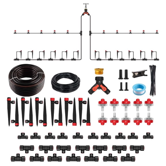 100FT Drip Irrigation System Kit, Quick-Connect Garden Watering System with 1/2” & 1/4” Tubing, Y Splitter, 22 Adjustable Emitters & Nozzles for Garden Beds, Greenhouse, Yard