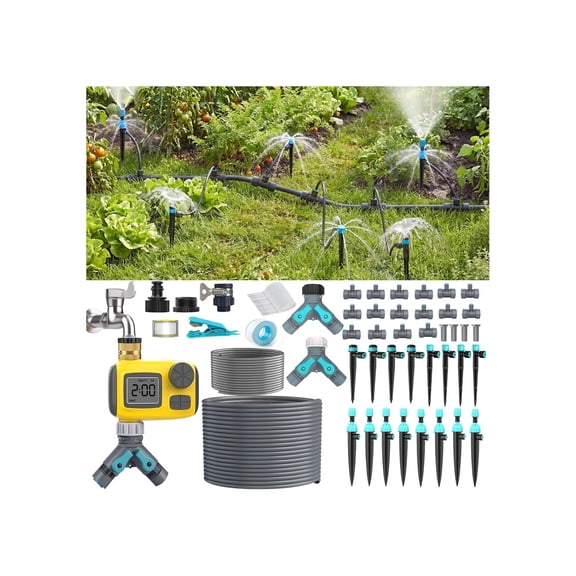 100FT Drip Irrigation System Kit with Smart Water Timer for Garden, 1/2" High-Flow Mainline Automatic Watering System, 16pcs Adjustable Nozzles & Sprays,Fast-Plug Yard,Lawn Agricultural