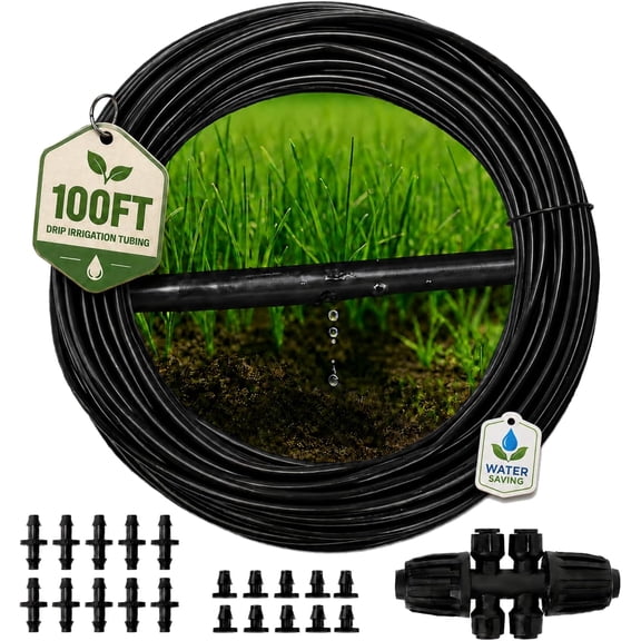 100FT Drip Irrigation Tubing Kit with Fittings, DIY Garden Micro Drip Watering Hose System for Flower Bed Vegetable Yard