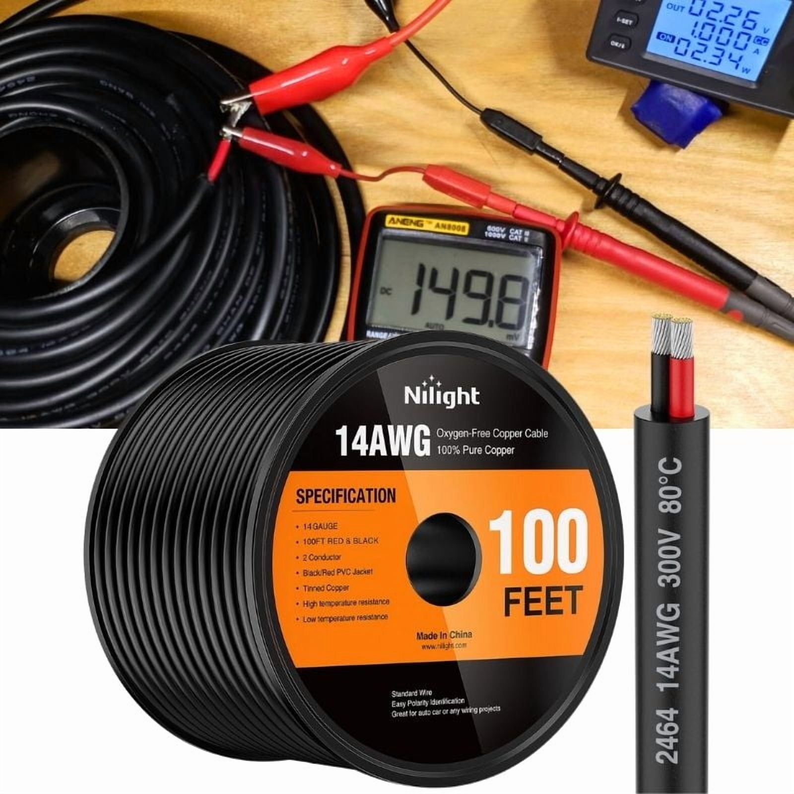 100FT Electrical Wire Cable Flexible Wire Extension Cord 14AWG Copper Clad Aluminum Copper Wire 2 Conductors Red Black Parallel Wire line Hookup LED Lighting Strips Cable for Speaker,LED Strips