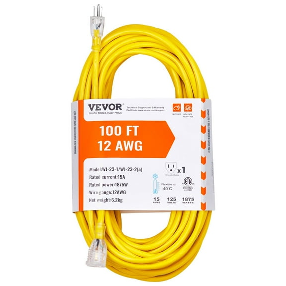 100FT Extension Cord 12AWG Heavy Duty - 15A 1875W 3-Prong Outdoor with Lighted End, SJTW Certified