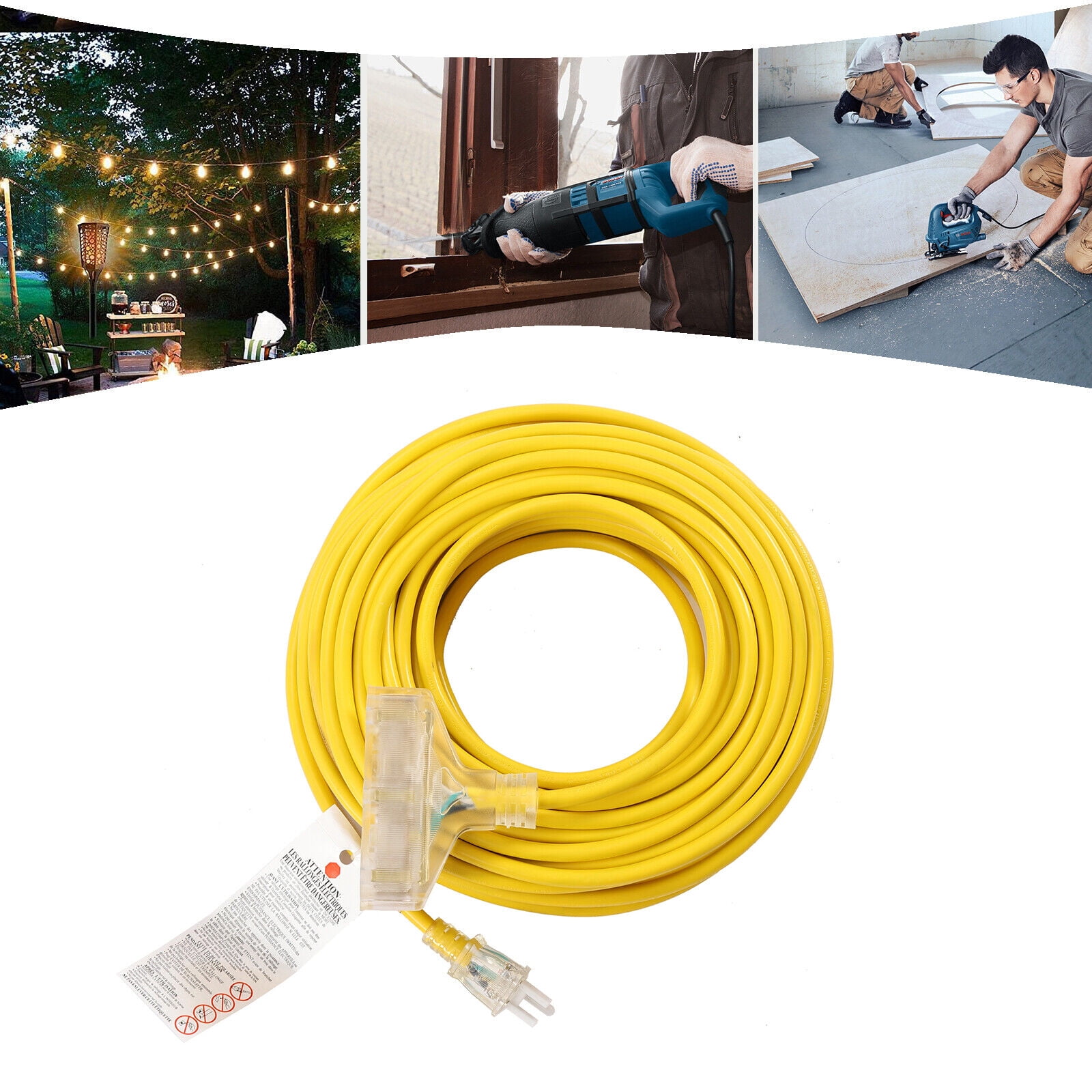 100FT Heavy Duty Lighted Extension Cords 3Outlet SJTW Indoor / Outdoor