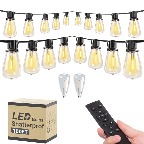 100FT IP54 Waterproof LED Outdoor String Lights With Remote Control- ETL Listed, Shatterproof ST38 Bulbs, Dimmable & Connectable