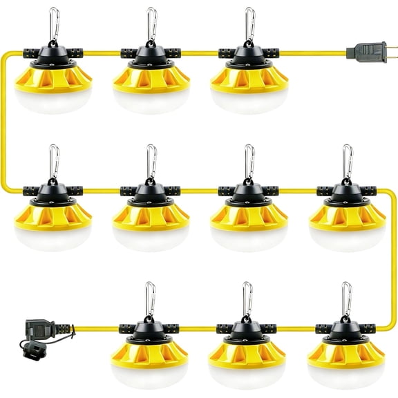 100FT LED Construction String Lights, 100W 10000LM Industrial Grade Temporary Work Lights with 10 Bulbs, Linkable 5000K Super Bright Weatherproof Lighting for Site, Job Site,& Outdoor Use