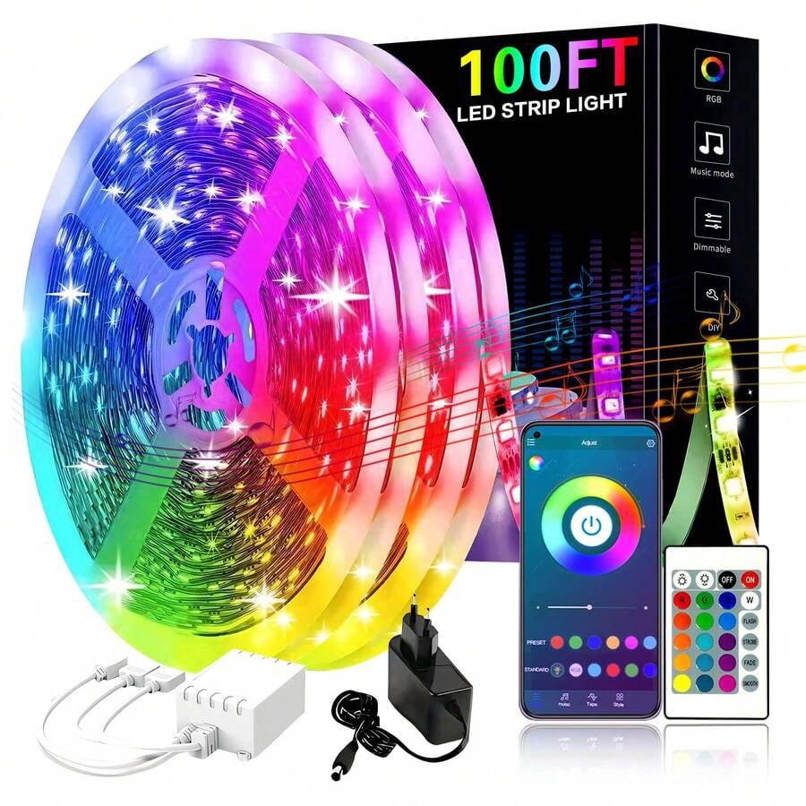 100FT LED Strip Light, Music Sync Tape Lighting, RGB Color Changing  Lighting With Remote, Smart APP Control, LED Lights For Bedroom,TV, Room DIY (APP+Remote)