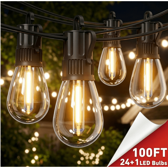 100FT Outdoor String Lights for Outside Patio Lights with 24+1 Shatterproof S14 E12 LED Bulb, 2700K Outside Hanging Light Waterproof for Parties Porch Garden Fences Backyard