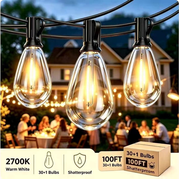 S14 Outdoor String Lights 100ft Waterproof Patio Lights with 30+1 LED Bulbs Shatterproof for Backyard