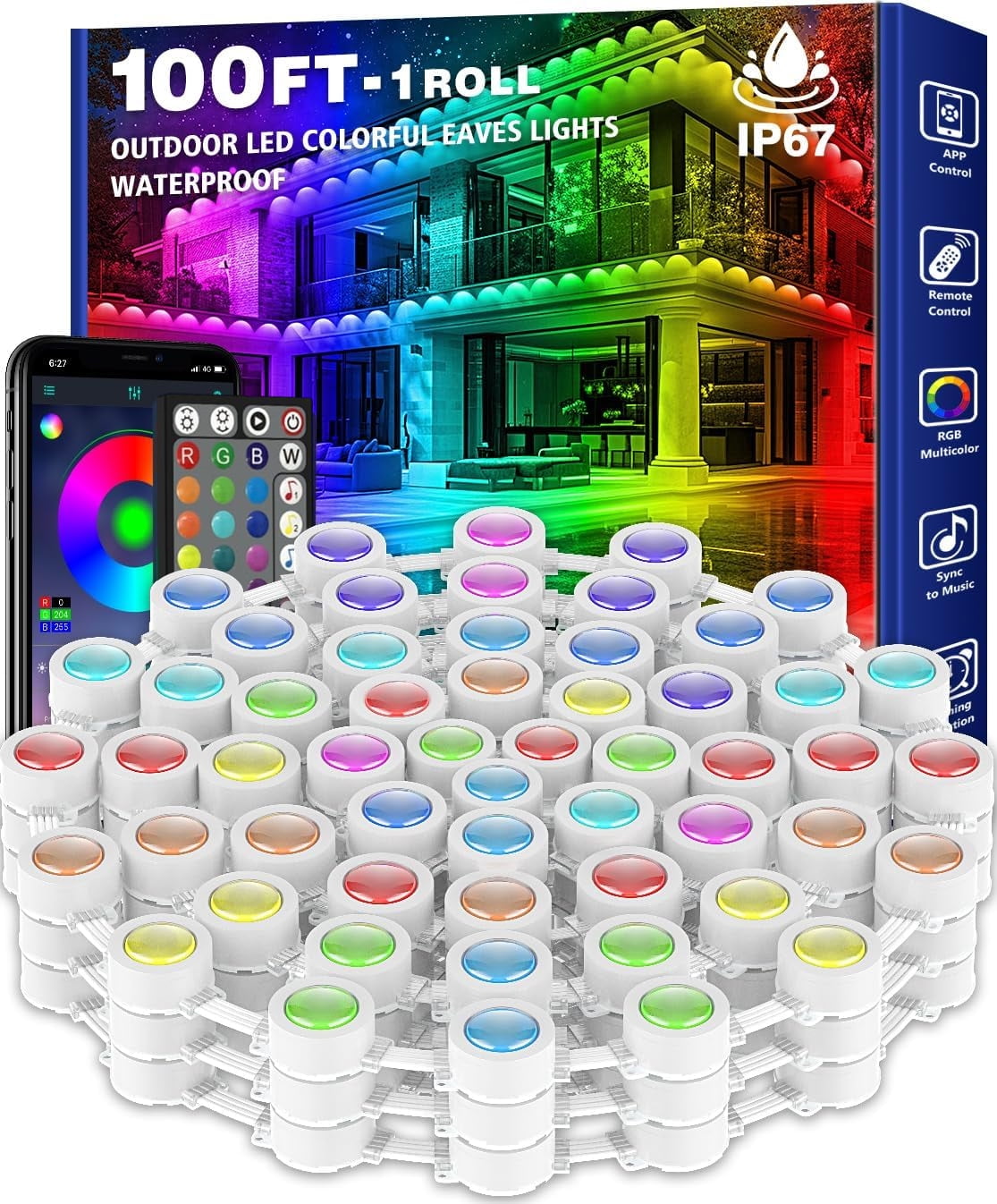 100FT Permanent Outdoor Lights, IP67 Waterproof Smart RGB Eaves Lights with App/Remote Control, Outdoor Lights for Outdoor Decor, Garden Decor, Christmas, House, Party, Holiday.