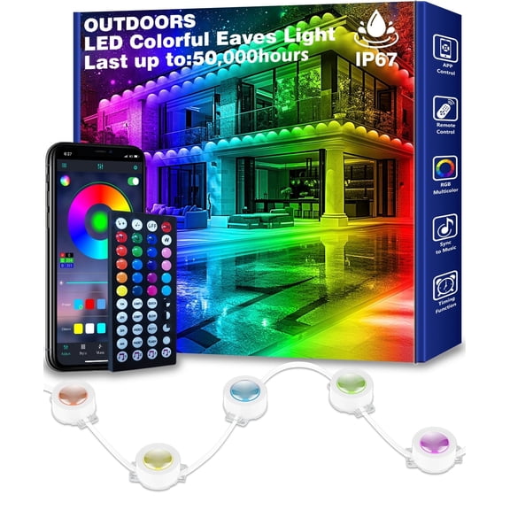 100FT Permanent Outdoor RGB Lights, IP67 Waterproof Eaves Lights with Smart App & Remote Control, DIY Scene Modes & Music Sync, Color Changing String Lights for Garden, Patio, Deck, Christmas Holiday