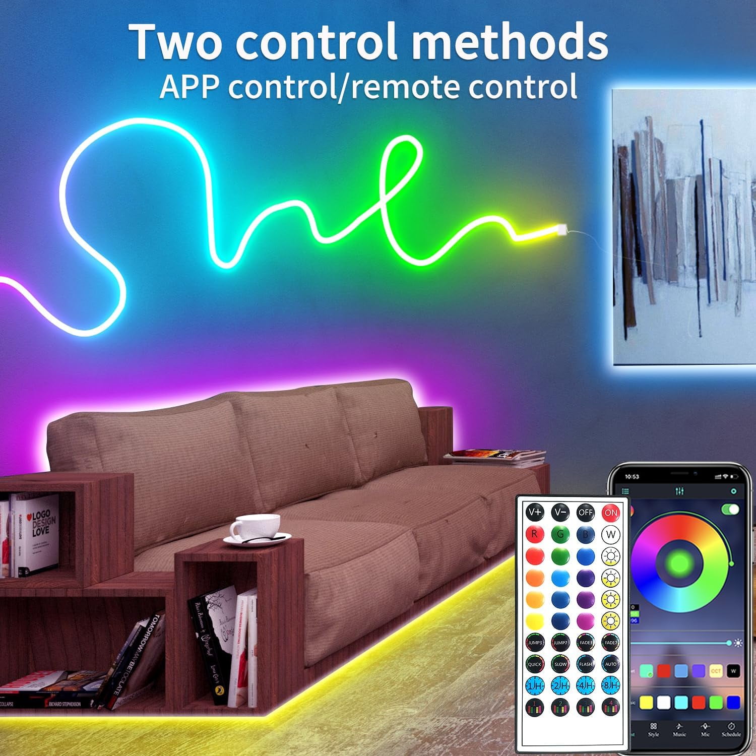 100FT RGB LED neon Rope Lights LED neon Lights with Remote/APP Control ...