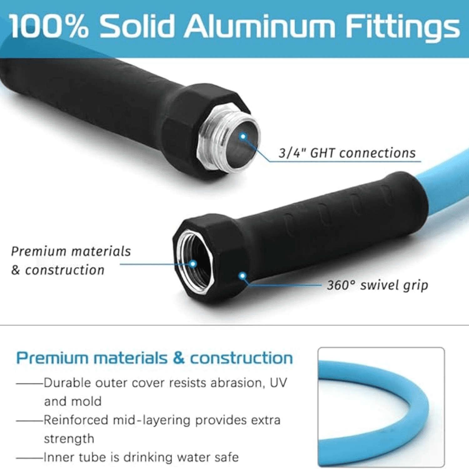 100FT RV Water Hose,5/8” Drinking Water Hose Lead-free, 3/4" Solid Aluminum Fittings-No Leak,Garden hose Extender/Hose Reel Connector with Adjustable Twist Hose Nozzle For RV/Trailer/Camping/Truck