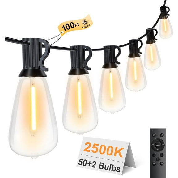 100FT Remote Outdoor String Lights for Outside, 50+2 LED Waterproof Shatterproof Edison Dimmable Timer Bulbs, 2500K Warm White Patio Lights for Garden Backyard Yard Hanging Lighting