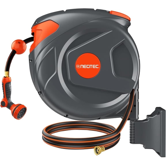 100FT Retractable Garden Hose Reel 1/2", Wall Mounted Heavy Duty Water Hose w/Auto-Lock, Slow Return, 180 Swivel & 9-Pattern Nozzle, UV Resistant Outdoor Storage