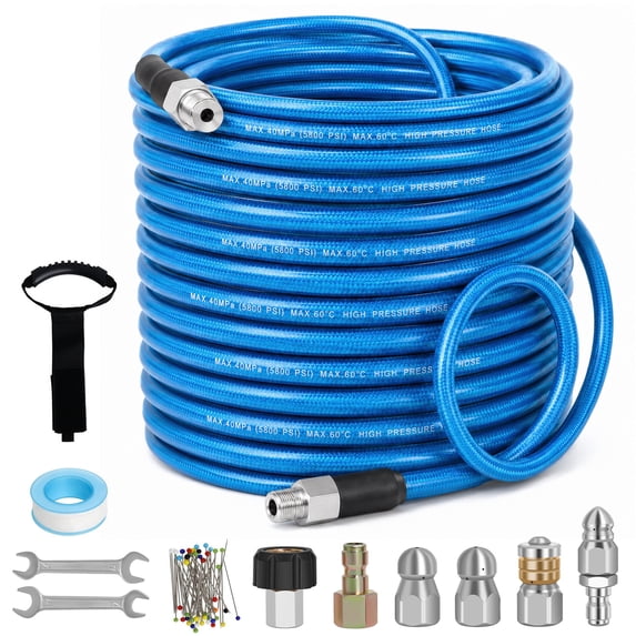100FT Sewer Jetter Hose Kit for Pressure Washer, 5800 PSI Drain Cleaner Hose with 1/4 Inch NPT Fittings, 4 Sewer Jet Nozzles, Heavy Duty Water Jetting Kit (Blue)