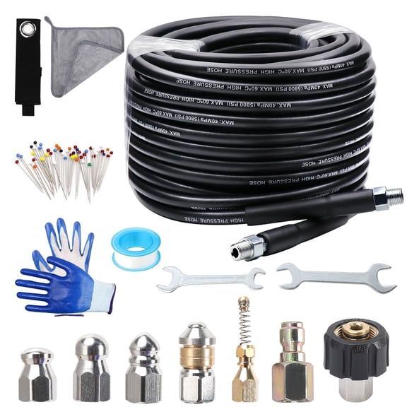 100FT Sewer Jetter Kit for Pressure Washer, 5800 PSI Drain Cleaner Hose with 1/4 Inch NPT Nozzles, Rotating Corner and Button Tips, Accessories Included