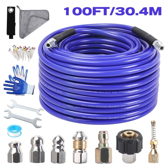 100FT Sewer Jetter Kit for Pressure Washer, 5800 PSI Drain Cleaning Hose with 1/4" NPT Corner, Rotating & Button Nozzles