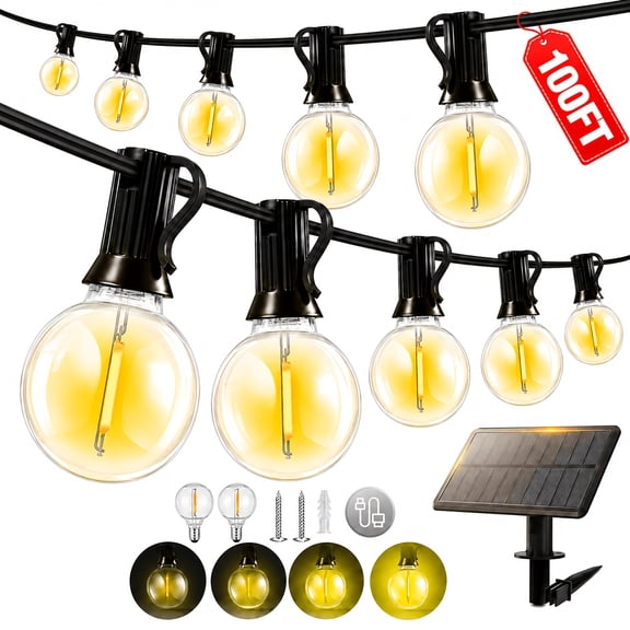 100FT Solar Lights Outdoor IP65 Waterproof, LED String Lights With Shatterproof G40 Dimmable Globe Bulb, Lights Up Automatically At Night