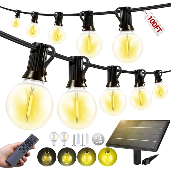 100FT Solar Lights Outdoor Waterproof: G40 30M Shatterproof Bulbs Patio - Powered Remote Control 3 Light Modes Dimmable Camping Backyard Garden Deck Outside Yard