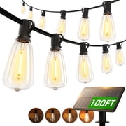 100FT Solar Lights Outdoor Waterproof IP65 , LED String Lights With Shatterproof ST38 Dimmable Globe Bulb, Strong-Weak-Flash-Breath 4 Modes