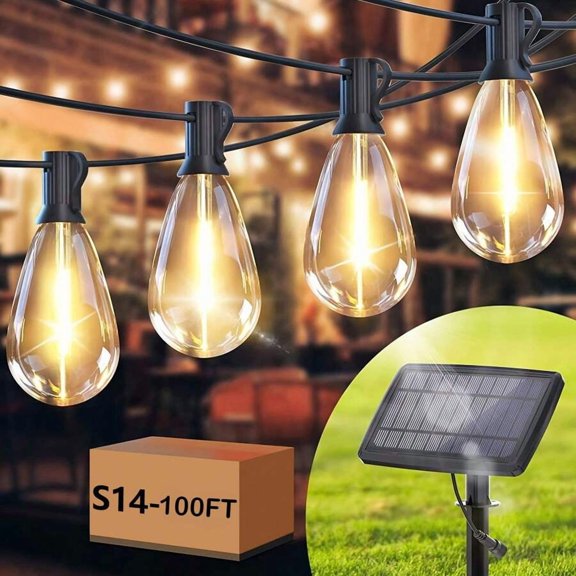100FT Solar  Outdoor String Lights With Waterproof Shatterproof  E12 Filament S14 LED Bulbs For Backyard Hanging Lights Linkable Patio Lights For Deck Bistro Pergola