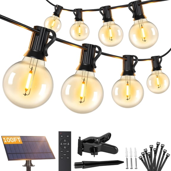 100FT Solar String Lights Outdoor with Remote and 36+2 LED Shatterproof G40 Bulbs, Dimmable & Timable, 3 Lighting Modes, Waterproof Power for Patio, Garden, Wedding
