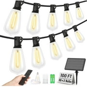 100FT Solar String Lights Outdoor Waterproof, Patio Lights with Remote Control & 30+2 Dimmable ST38 Edison Bulbs Shatterproof,Solar Powered String Lights for Outside Garden Backyard