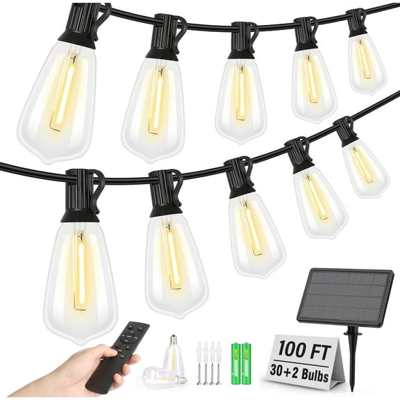 100FT Solar String Lights Outdoor Waterproof, Patio Lights with Remote Control & 30+2 Dimmable ST38 Edison Bulbs Shatterproof,Solar Powered String Lights for Outside Garden Backyard