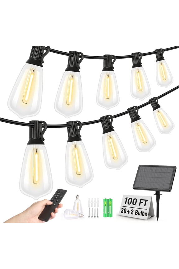 100FT Solar String Lights Outdoor Waterproof, Patio Lights with Remote Control & 30+2 Dimmable ST38 Edison Bulbs Shatterproof,Solar Powered String Lights for Outside Garden Backyard