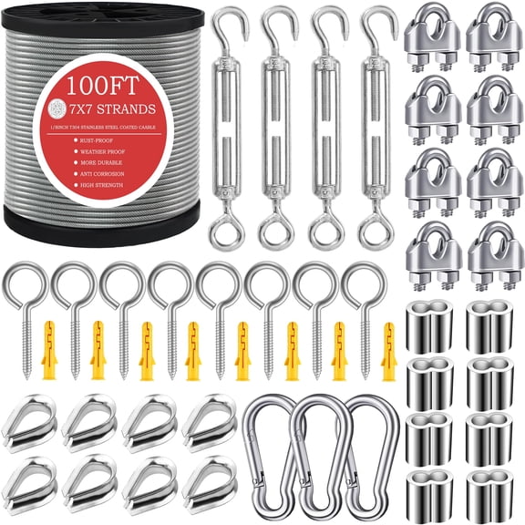 100FT Steel Cable 3MM Steel Cable 106 1/8 Inch 304 Stainless Steel Rigging Kit