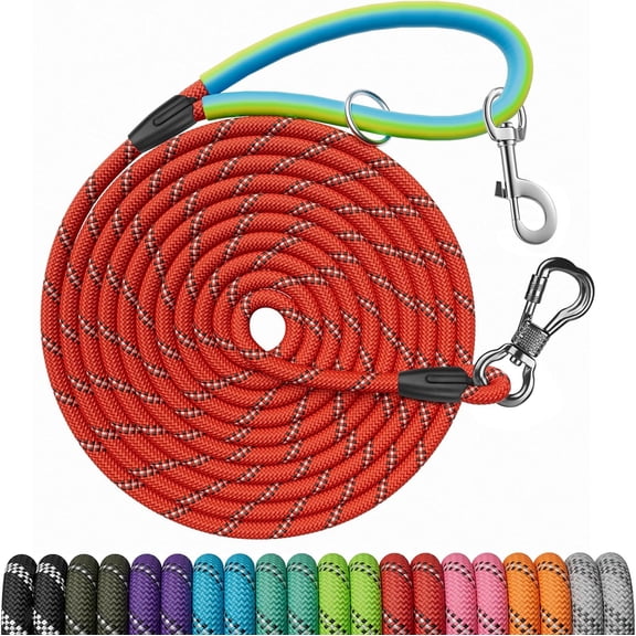 100FT Training Leash for Dogs, Nylon Rope With 2 Swivel Hooks and Soft Rubber Handle, Cat Puppy Lead for Small Medium Large Dogs - Training, Playing, Camping, or Backyard - Red