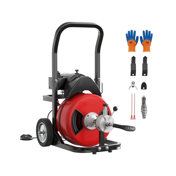 100FT x 1/2" Sewer Snake Cleaning Machine on 4 Wheels, Powerful Electric Drain Auger with Cutters, Air-Activated Foot Switch, Portable Plumbing Tool for 1"-4" Pipes for Home and Professional Use, Red