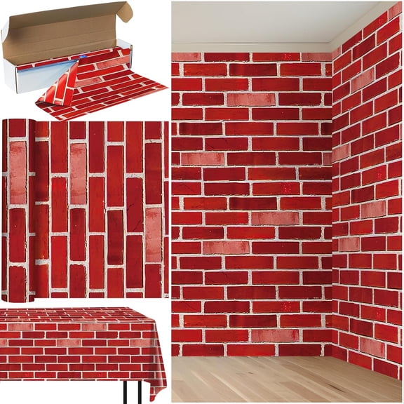100Feet X 54 Inch Roll Red Brick Tablecloth,Brick Wall Backdrop Wrapping Paper Disposable Rectangular Plastic Table Covers Background for Winter Holiday Halloween Christmas Party Decorations