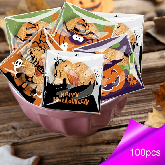 100Fens 100 PCS Halloween Treat Ziplock bags(4x4 Inch) Self-sealing Candy Cookie Goodie Small Gift Wrap Bags for Halloween Party Favors Supplies Decorations Spider Web Bat Pumpkin Pouches Table Decor