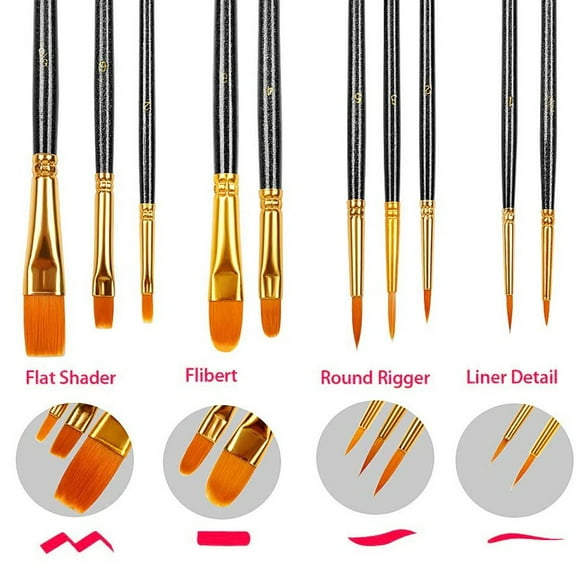 100Fens 10Pcs Artists Paint Brush Set Acrylic Watercolor Round Pointed Tip Nylon Hair