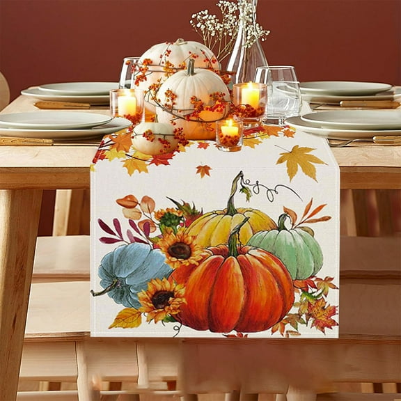 100Fens 13x72 Inch Fall Table Runner Thanksgiving Harvests Table Runner Autumns Pumpkin Maple Leaf Runners for Home Kitchen Dining Party Decoration