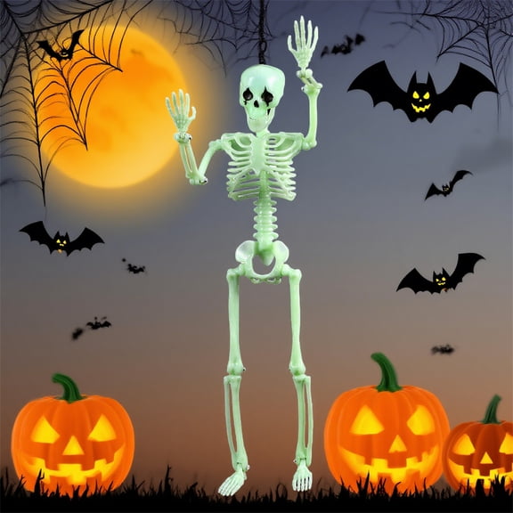 100Fens 15.7IN Luminous Skeleton Halloween Simulation Plastic Human Skull Skeleton Pendant Can Stand Adjustable Skeleton Decoration Halloween Ambience Decoration