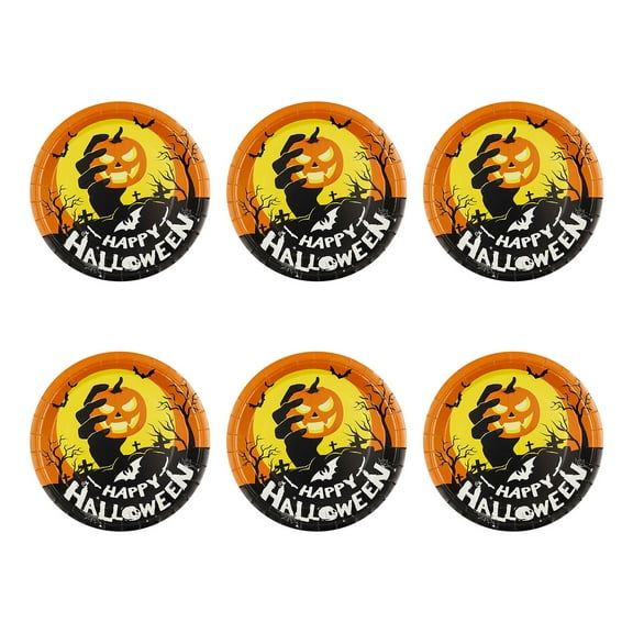 100Fens 6 Pcs 9-Inch Halloween Paper Plates - Spooky House Party Supplies Set, Disposable Tableware with Ghost, Pumpkin, and Bat Designs for Candy, Snack, Dessert, Trick or Treat Decorations