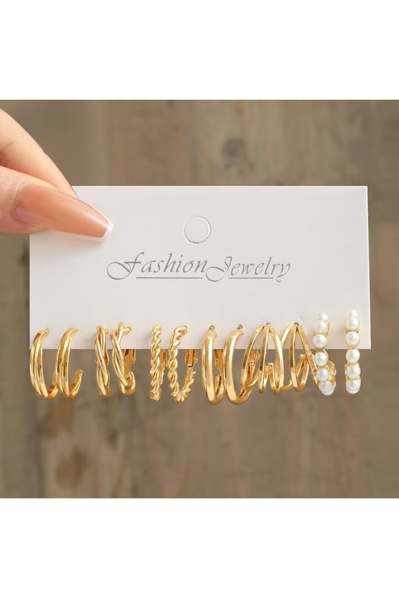 6Pairs Gold Hoop Earrings Set For Women Multipack,Fashion Dangle Statement Pearl Earrings Pack,Chunky Hoops Jewelry