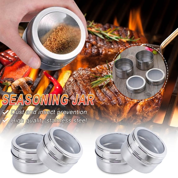 100Fens 6Pcs Kitchen Magnetic Spice Jars Rack Spices Storage Tins Stainless Steel Condiment Pot Seasoning Shakers Containers