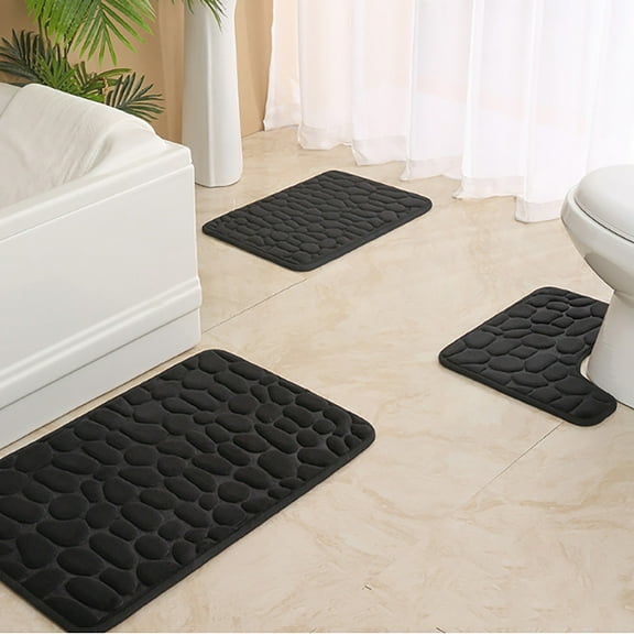 100Fens Bathroom Rugs Sets 3 Piece, Cobblestone Memory Foam Bathroom Mats Set Extra Thick, Non Slip Bath Mats for Bathroom, Water Absorbent, Washable Black Bath Rugs for Tub, Toilet and Floor