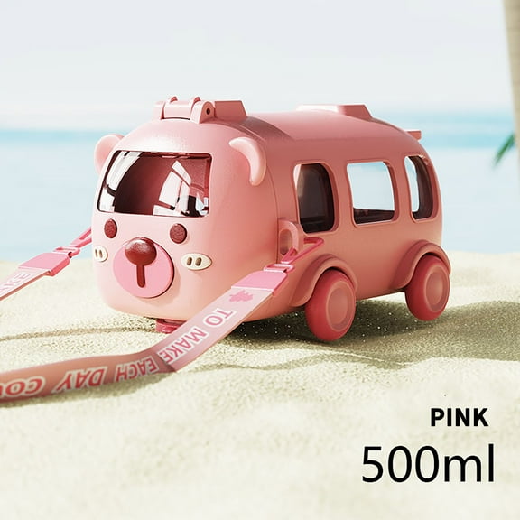 100Fens Bus Straw Water Bottle With Strap,Creative Bus Shaped Portable Cute Bear Car Water Bottles with Movable Wheels, Leakproof Drinking Jug for Camping Trips Child School Sports