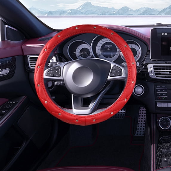 100Fens Car Steering Wheel Cover With Diamonds Leather Four Seasons General Non-Slip Fashion Cute Car Interior Steering Wheel Cover