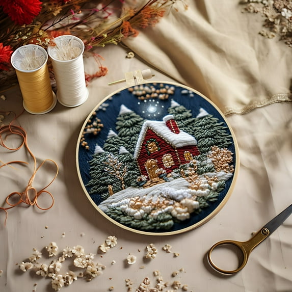 100Fens Christmas Forest Snow House Hand Embroidery Diy Handmades Fabric Material Kit Creatives Needlework Embroidery