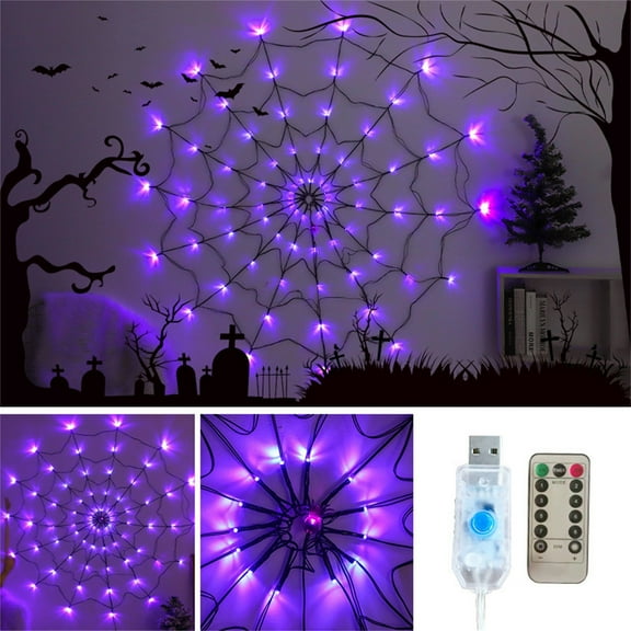 100Fens Halloween Decorations Spider Web Lights - 4FT Diameter 70 LEDs with Black Spider, Waterproof Net Lights, Remote Control, 8 Modes Cobweb Halloween Decorations for House Garden Indoor Outdoor